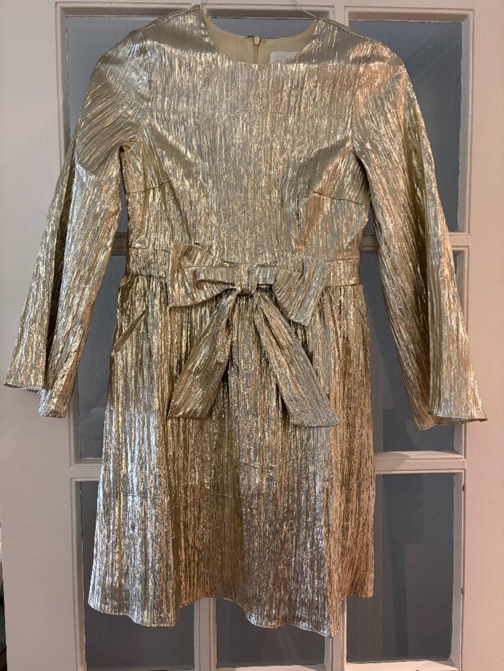 Hyacinth House Metallic Gold Pleated Mini Dress with Bow